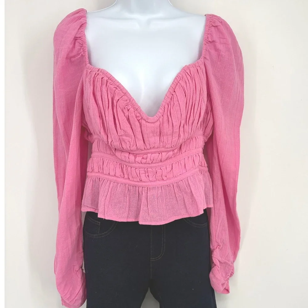 Free People Blouse Women M Pink Smocked Puff Sleeve Boho Top Festival Barbiecore